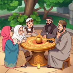 An animated scene depicting a group of diverse characters engaged in a thoughtful discussion, all wearing traditional Islamic attire, including elegant hijabs and chadors