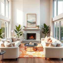 A beautifully decorated living room with a cozy fireplace, plush sofas in soft pastel colors, and large floor-to-ceiling windows allowing natural light to flood in