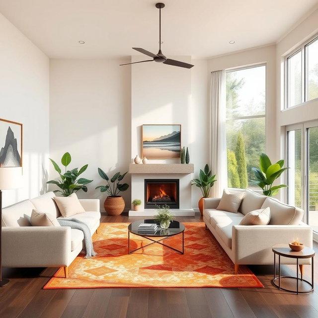 A beautifully decorated living room with a cozy fireplace, plush sofas in soft pastel colors, and large floor-to-ceiling windows allowing natural light to flood in