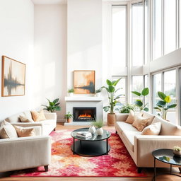 A beautifully decorated living room with a cozy fireplace, plush sofas in soft pastel colors, and large floor-to-ceiling windows allowing natural light to flood in