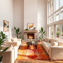 A beautifully decorated living room with a cozy fireplace, plush sofas in soft pastel colors, and large floor-to-ceiling windows allowing natural light to flood in