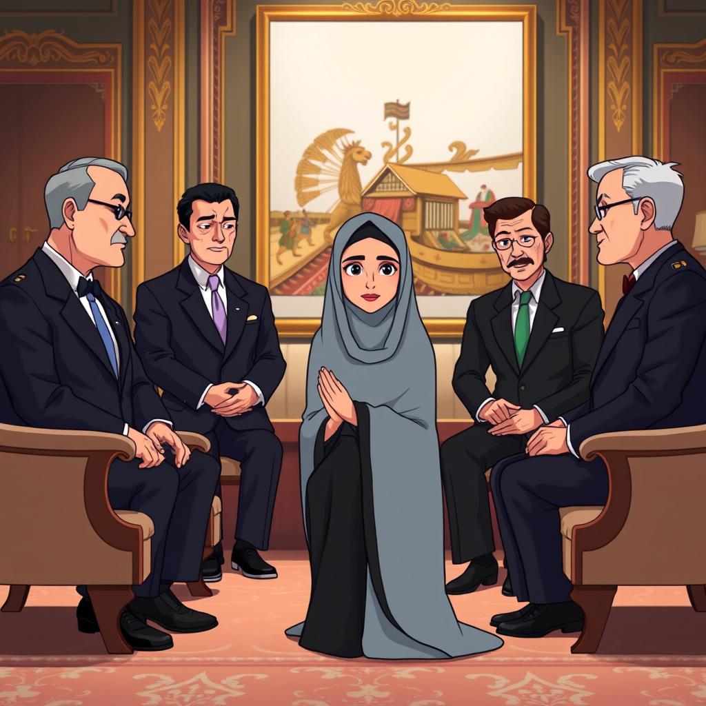 An animated scene depicting a respectful interaction between a woman in a traditional chador and high-ranking individuals in a formal setting