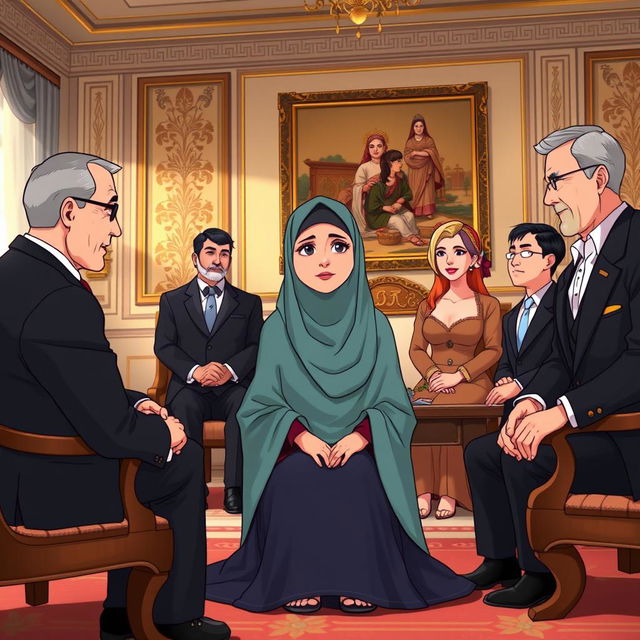 An animated scene depicting a respectful interaction between a woman in a traditional chador and high-ranking individuals in a formal setting