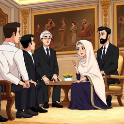 An animated scene depicting a respectful interaction between a woman in a traditional chador and high-ranking individuals in a formal setting