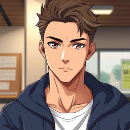 A stylish anime art representation of a high school classmate, a handsome and slightly aloof young man