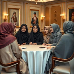 An elegant scene depicting a respectful interaction among several high-ranking women in traditional chadors