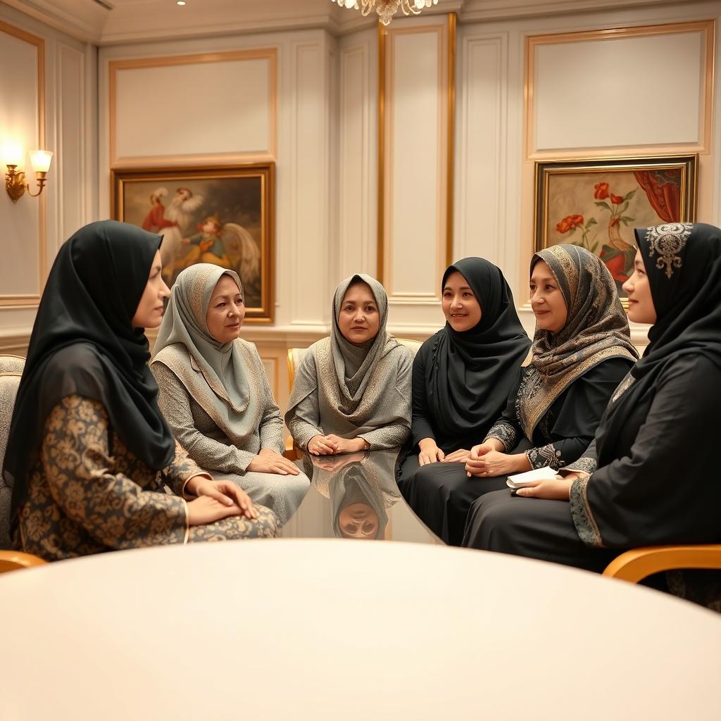 An elegant scene depicting a respectful interaction among several high-ranking women in traditional chadors