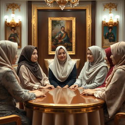 An elegant scene depicting a respectful interaction among several high-ranking women in traditional chadors