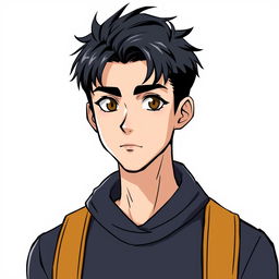 A handsome high school male character with hazel black eyes, characterized as a gym enthusiast with a fit and toned body