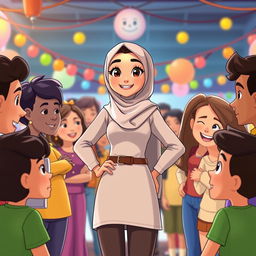 An animated scene showcasing a confident character in a social gathering