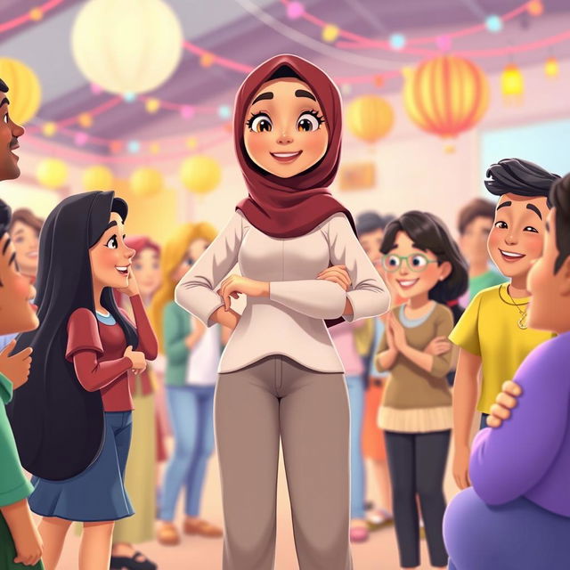 An animated scene showcasing a confident character in a social gathering