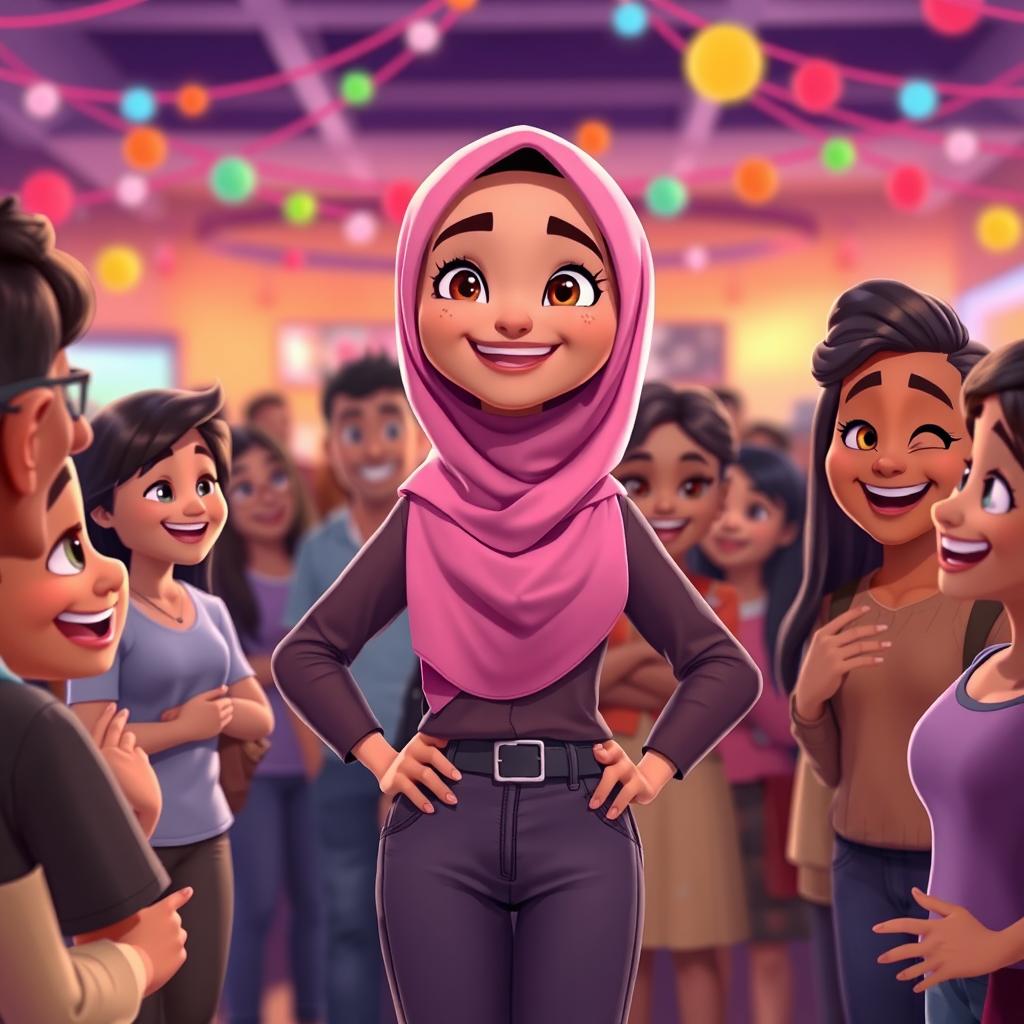 An animated scene showcasing a confident character in a social gathering