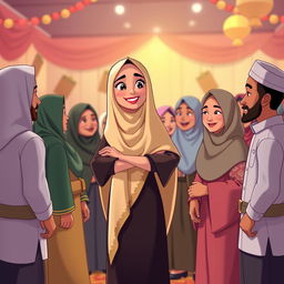 An animated scene showcasing a confident woman wearing a beautifully styled chador in a social gathering filled with both men and women dressed modestly in traditional Islamic attire