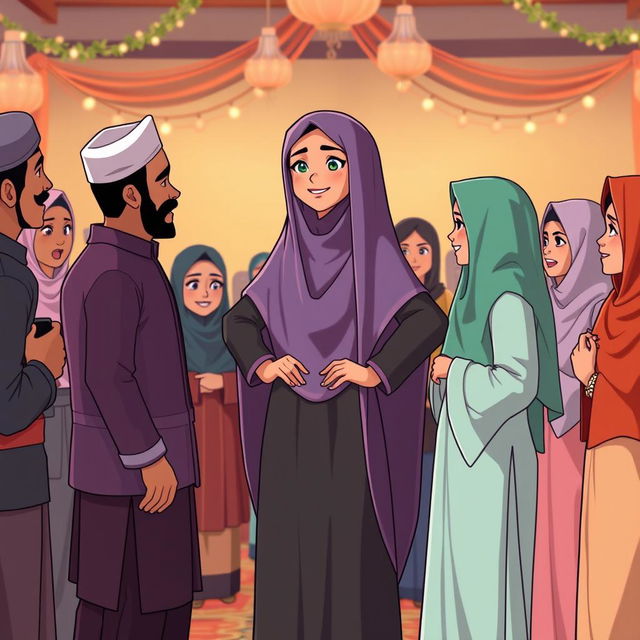 An animated scene showcasing a confident woman wearing a beautifully styled chador in a social gathering filled with both men and women dressed modestly in traditional Islamic attire