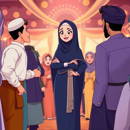 An animated scene showcasing a confident woman wearing a beautifully styled chador in a social gathering filled with both men and women dressed modestly in traditional Islamic attire