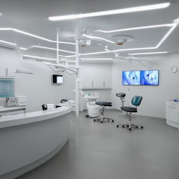 A state-of-the-art dental center boasting cutting-edge technology, an efficient layout with multiple treatment rooms, a spacious waiting area with comfortable seating, and a friendly reception area.