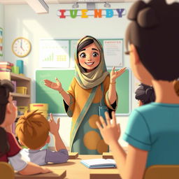 An animated scene depicting a warm and inspiring female teacher wearing a colorful chador in a classroom setting