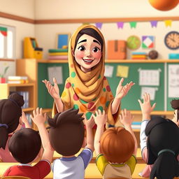 An animated scene depicting a warm and inspiring female teacher wearing a colorful chador in a classroom setting