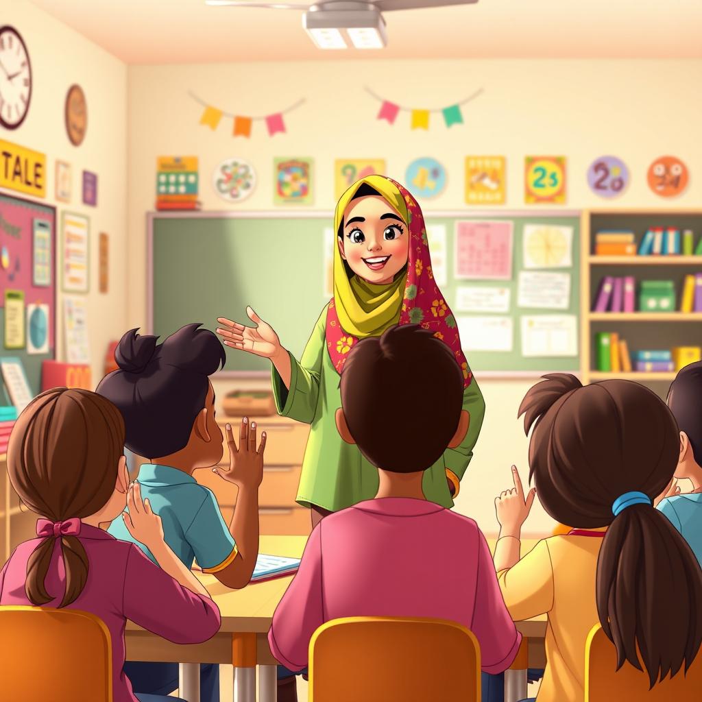 An animated scene depicting a warm and inspiring female teacher wearing a colorful chador in a classroom setting