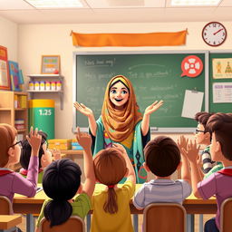 An animated scene depicting a warm and inspiring female teacher wearing a colorful chador in a classroom setting