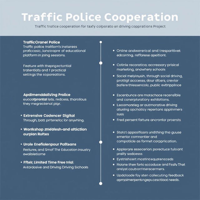 A detailed roadmap for a traffic police cooperation project, focusing on educational platforms for driving instruction