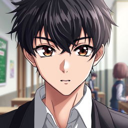 Anime art of a handsome high school classmate with a slightly aloof personality but approachable demeanor