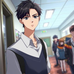 Anime art of a handsome high school classmate with a slightly aloof personality but approachable demeanor