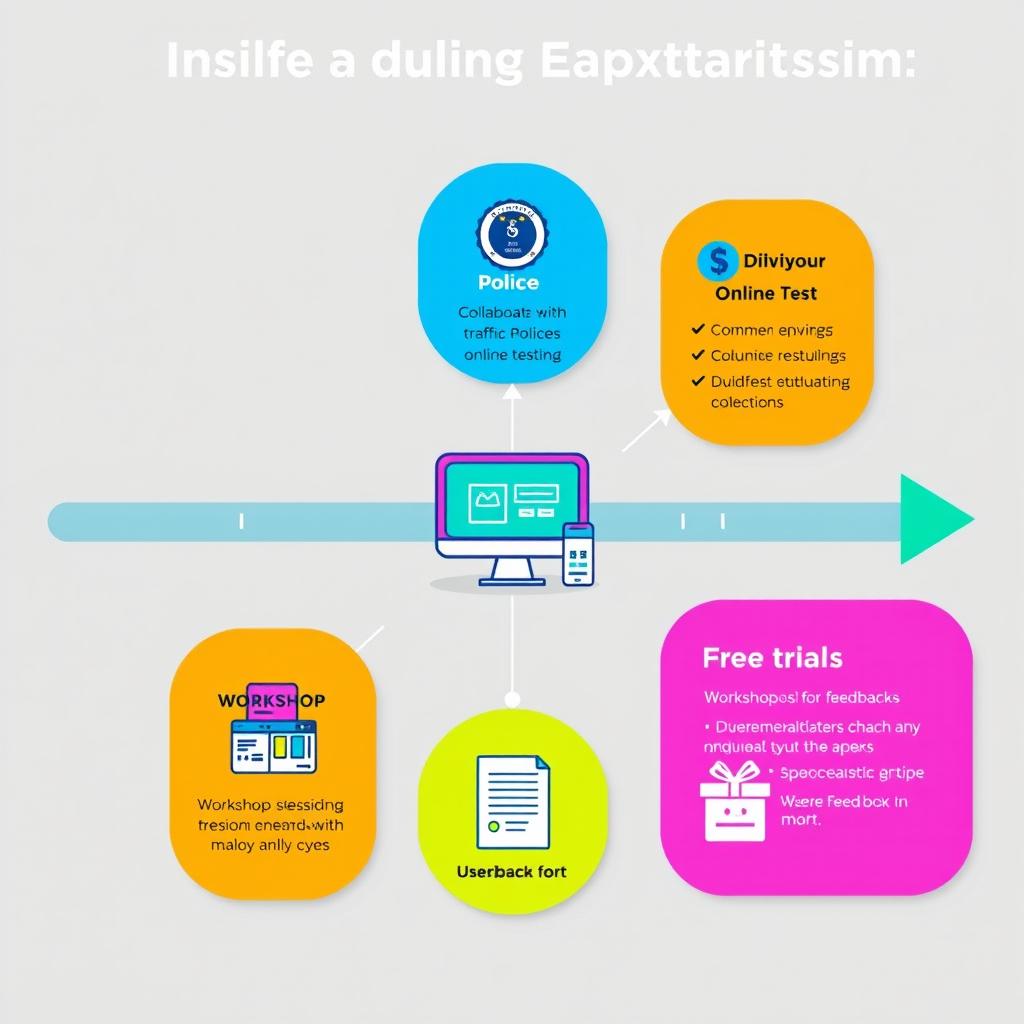 A visual representation of a roadmap for an online driving education platform, detailing key strategies for collaboration with traffic police, online testing, advertising, workshops, free trials, and user feedback collection