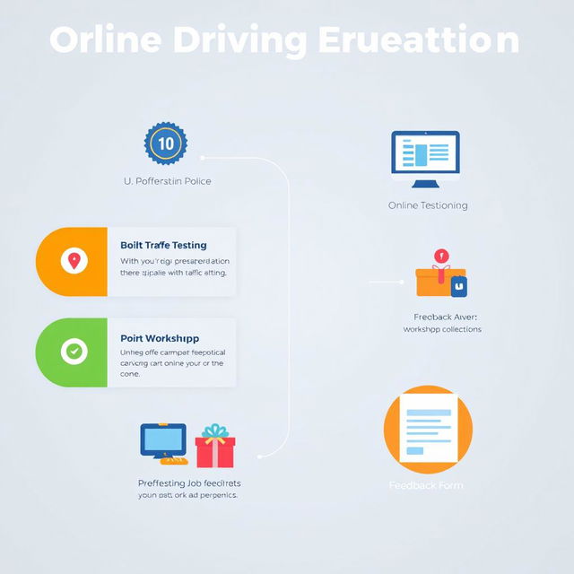A visual representation of a roadmap for an online driving education platform, detailing key strategies for collaboration with traffic police, online testing, advertising, workshops, free trials, and user feedback collection