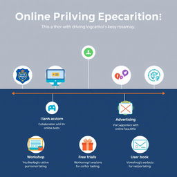 A visual representation of a roadmap for an online driving education platform, detailing key strategies for collaboration with traffic police, online testing, advertising, workshops, free trials, and user feedback collection