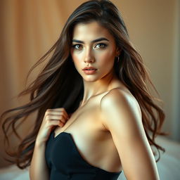 A stylish and artistic portrayal of a confident young woman exuding strength and allure, posed in a tasteful manner that emphasizes her beauty without explicit nudity