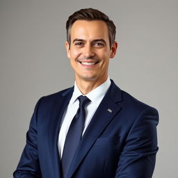 A formal portrait of a charismatic politician, dressed in an elegant navy blue suit and a crisp white shirt, wearing a distinguished tie