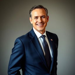 A formal portrait of a charismatic politician, dressed in an elegant navy blue suit and a crisp white shirt, wearing a distinguished tie