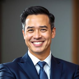 A formal portrait of a charismatic politician, dressed in an elegant navy blue suit and a crisp white shirt, wearing a distinguished tie