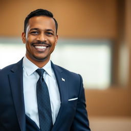 A formal portrait of a charismatic politician, dressed in an elegant navy blue suit and a crisp white shirt, wearing a distinguished tie
