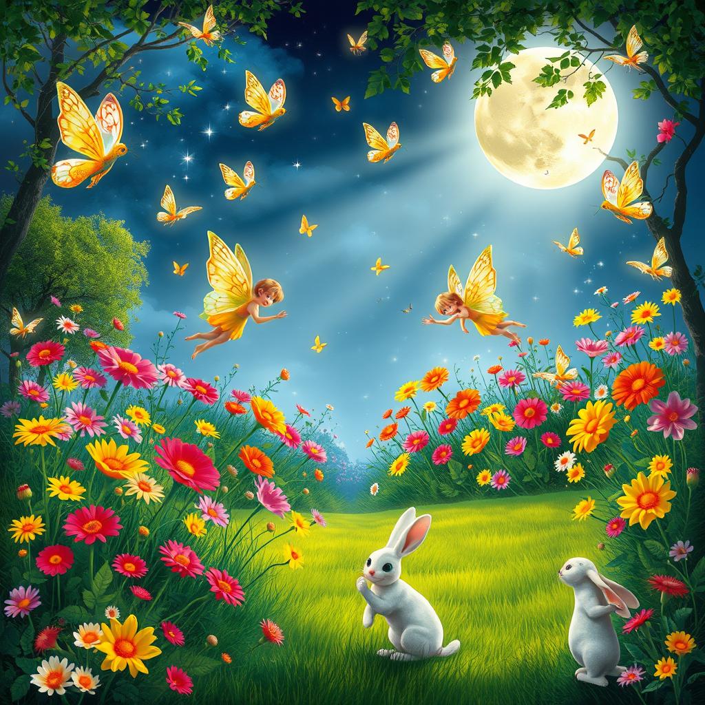 In a magical garden illuminated by moonlight, casting a silvery glow over vibrant, vividly colored flowers