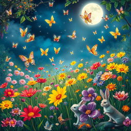 In a magical garden illuminated by moonlight, casting a silvery glow over vibrant, vividly colored flowers