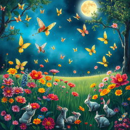 In a magical garden illuminated by moonlight, casting a silvery glow over vibrant, vividly colored flowers