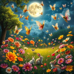 In a magical garden illuminated by moonlight, casting a silvery glow over vibrant, vividly colored flowers
