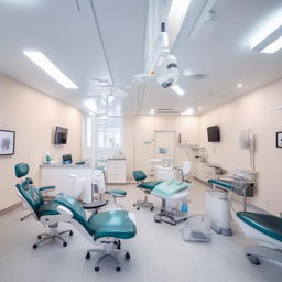 A state-of-the-art dental center boasting cutting-edge technology, an efficient layout with multiple treatment rooms, a spacious waiting area with comfortable seating, and a friendly reception area.