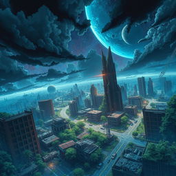 A stunning anime-style scene depicting a destroyed world from a space angle perspective