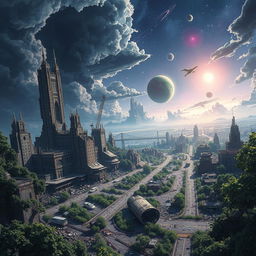 A stunning anime-style scene depicting a destroyed world from a space angle perspective