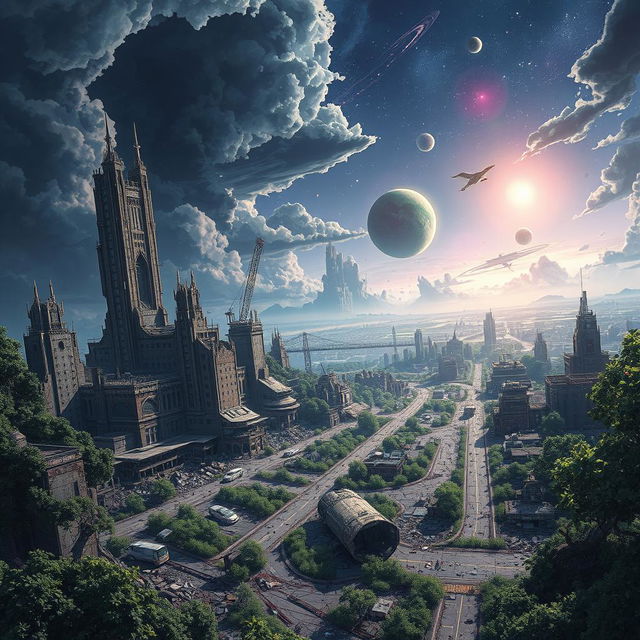 A stunning anime-style scene depicting a destroyed world from a space angle perspective