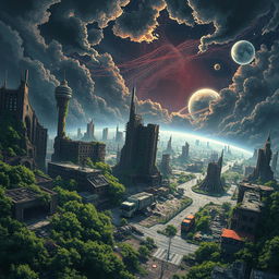 A stunning anime-style scene depicting a destroyed world from a space angle perspective