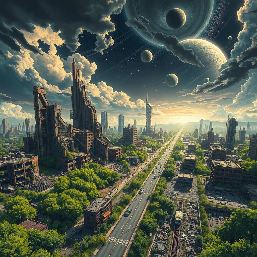 A stunning anime-style scene depicting a destroyed world from a space angle perspective
