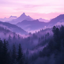 A mystical and magical landscape featuring purple-toned mountains and a dense forest