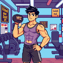 Pixel art representation of a fit young man in a gym, characterized by a blocky, retro aesthetic