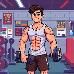 Pixel art representation of a fit young man in a gym, characterized by a blocky, retro aesthetic