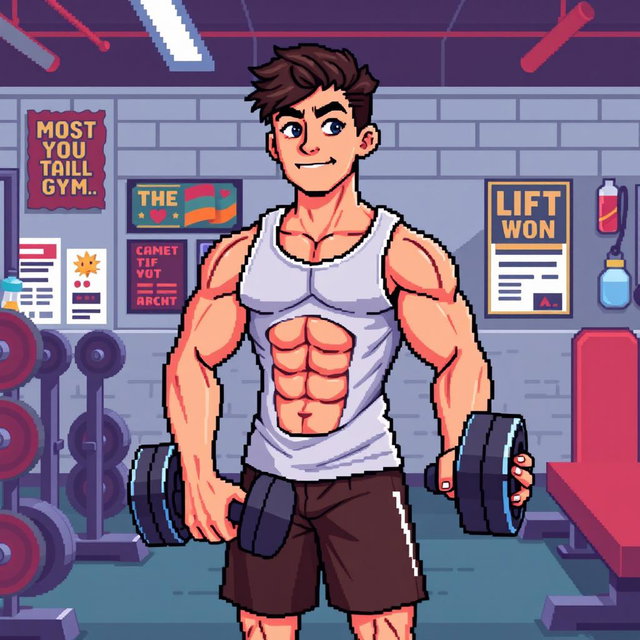 Pixel art representation of a fit young man in a gym, characterized by a blocky, retro aesthetic
