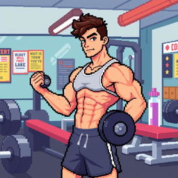 Pixel art representation of a fit young man in a gym, characterized by a blocky, retro aesthetic